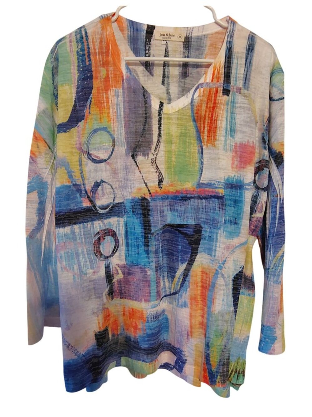 Jess & Jane XL Tunic Top, Abstract Print w/Circles V-Neck Long Sleeve Loose Knit
